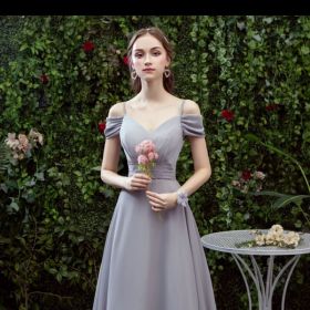 Bridesmaid Long Gray Bridesmaid Sisters Wedding Slimming Off-shoulder Banquet Dress (Option: Gray D-S)